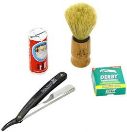 Shaving Factory SF228 Straight Rasierer in schwarz, Shaving Factory Rasierpinsel, 100 Derby Rasierklingen, Arko Rasiercreme-Stick - 1